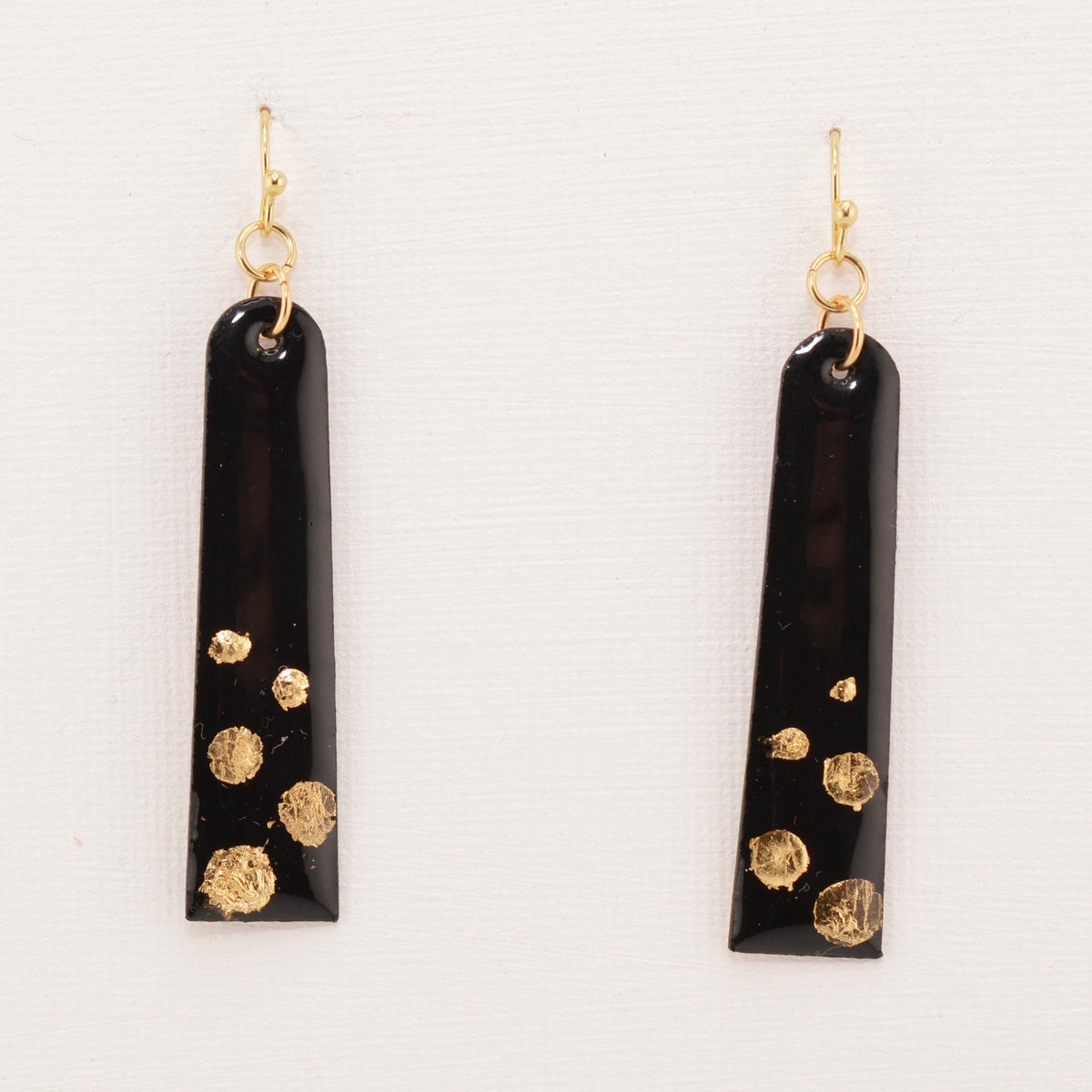 Gold Digger Dangles, glossy black and gold long statement earrings