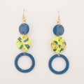 In the Limelight Dangles, blue and chartreuse linked statement earrings with gold detail