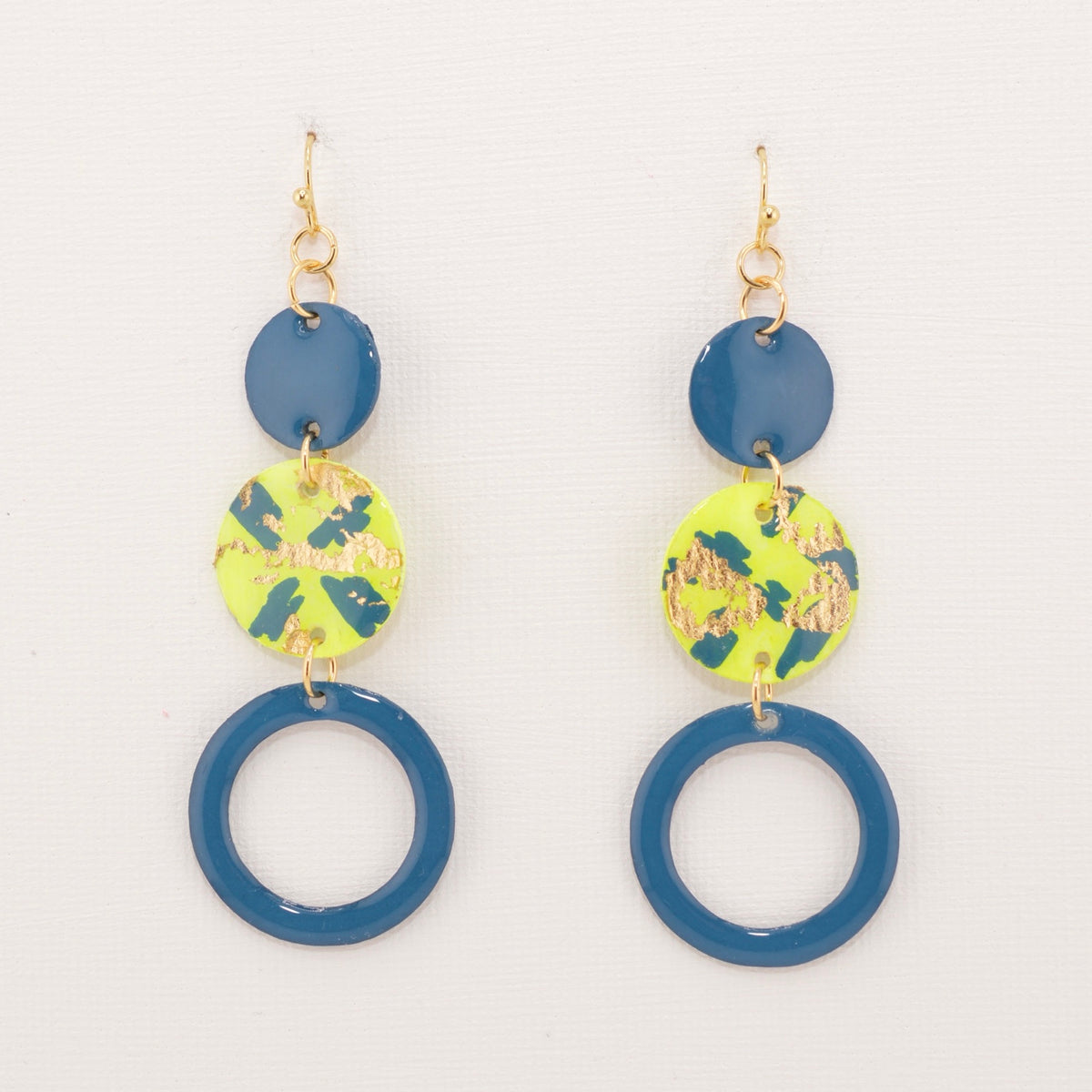 In the Limelight Dangles, blue and chartreuse linked statement earrings with gold detail
