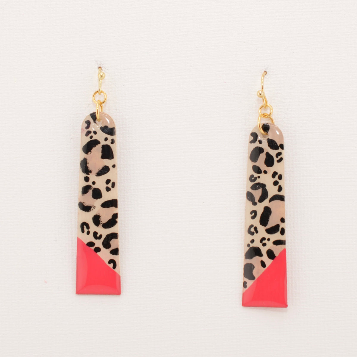 Out on the Prowl Dangles, leopard print statement earrings with neon coral tips