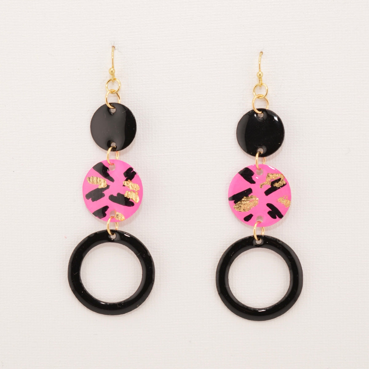 Out Out Dangles, black and hot pink linked statement earrings with gold detail