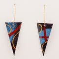 Red Tape Hoops, dark blue, black, red and gold triangular earrings