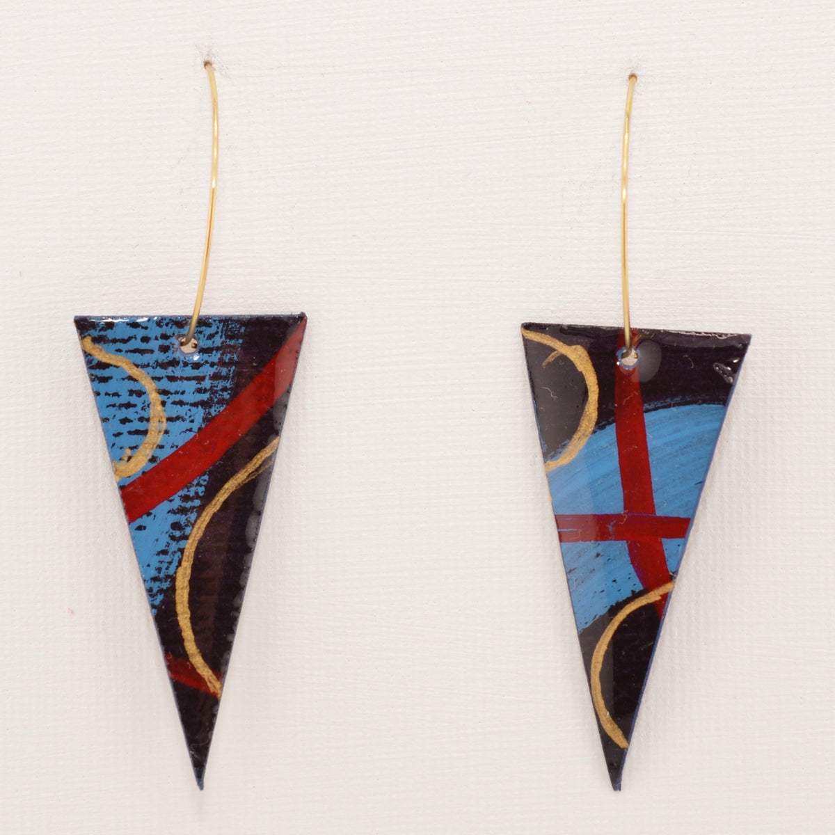 Red Tape Hoops, dark blue, black, red and gold triangular earrings